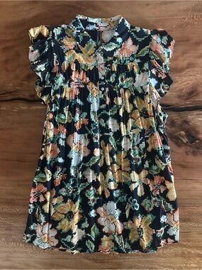 Anthropologie Black Floral Pixel-Print Mini Dress Flutter Sleeves|Size: Women S